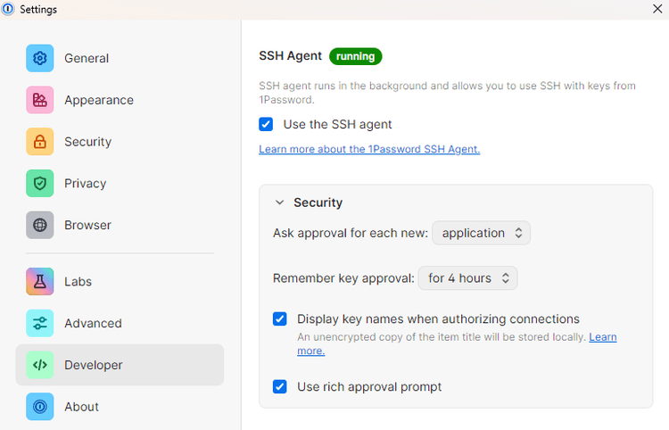 The 1Password Developer settings tab