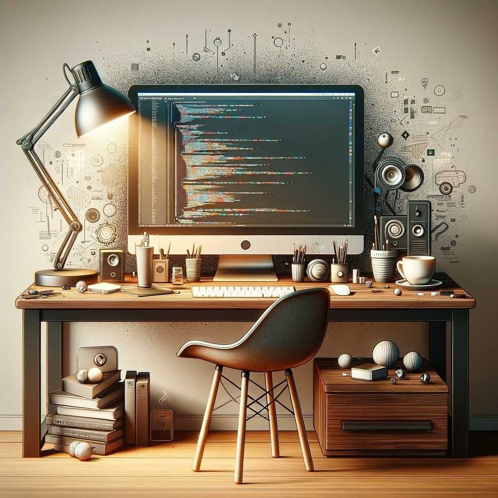 AI generated image of a desk with a computer with some code on the screen.